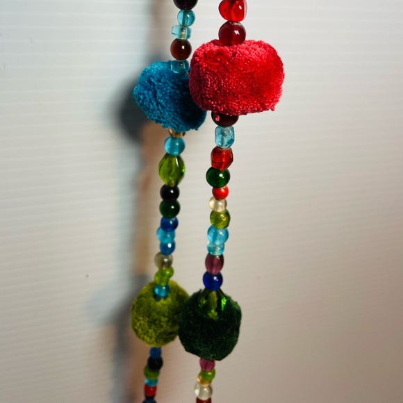 Pom Pom yarn & Bead Necklace, Multi Color, Bohemian, Festival, Art to wear - Picture 3 of 7